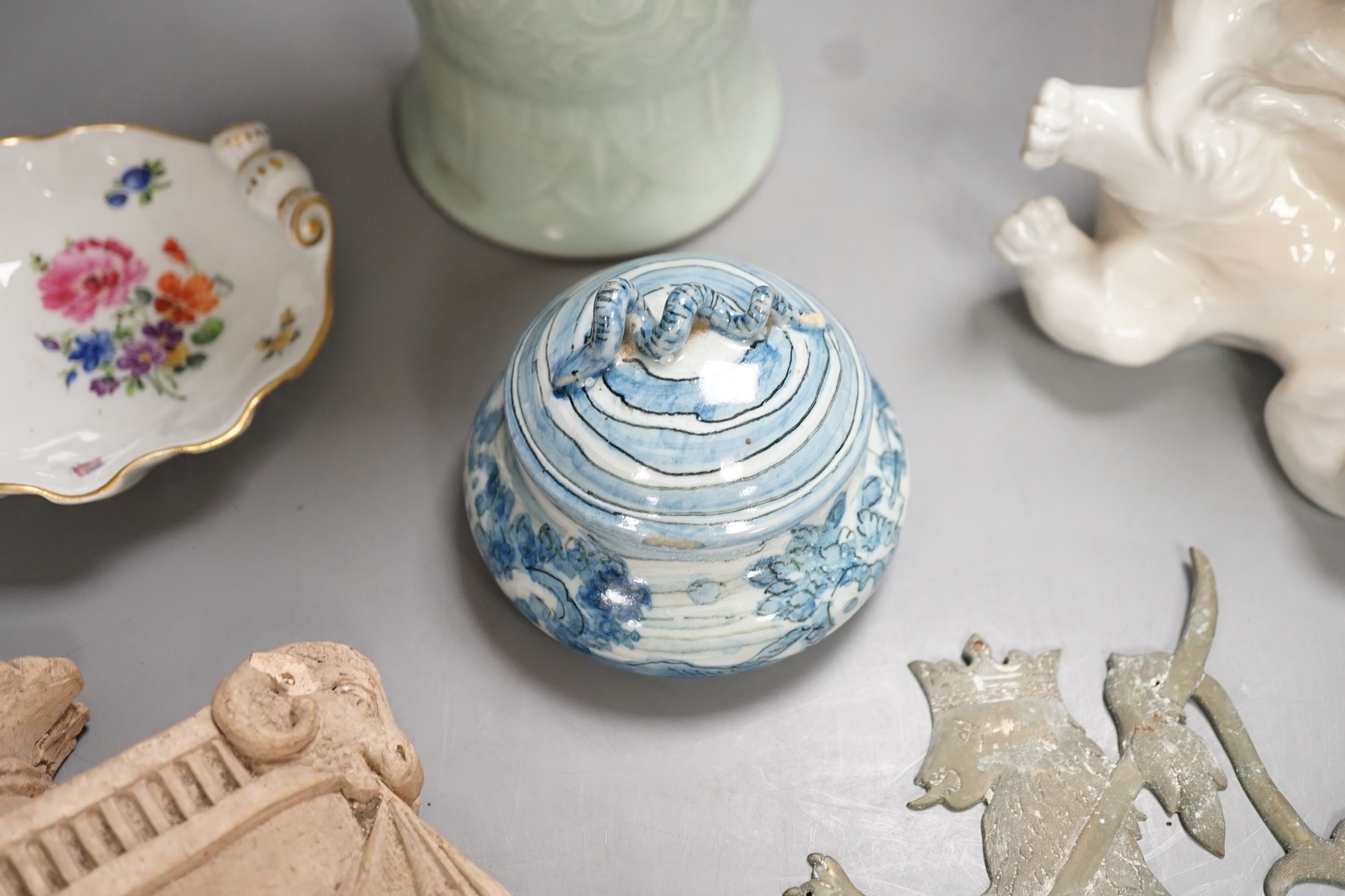 A Royal Copenhagen group of polar bears, a Meissen floral painted ‘shell’ dish, a Japanese celadon ground vase, Italian pottery box and cover etc.